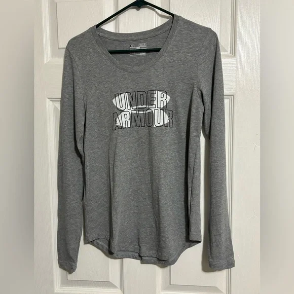 UNDER ARMOUR WOMENS COMPRESSION SHIRT TOP HEATGEAR LONG SLEEVE LOGO GRAY Sz M - Picture 1 of 4